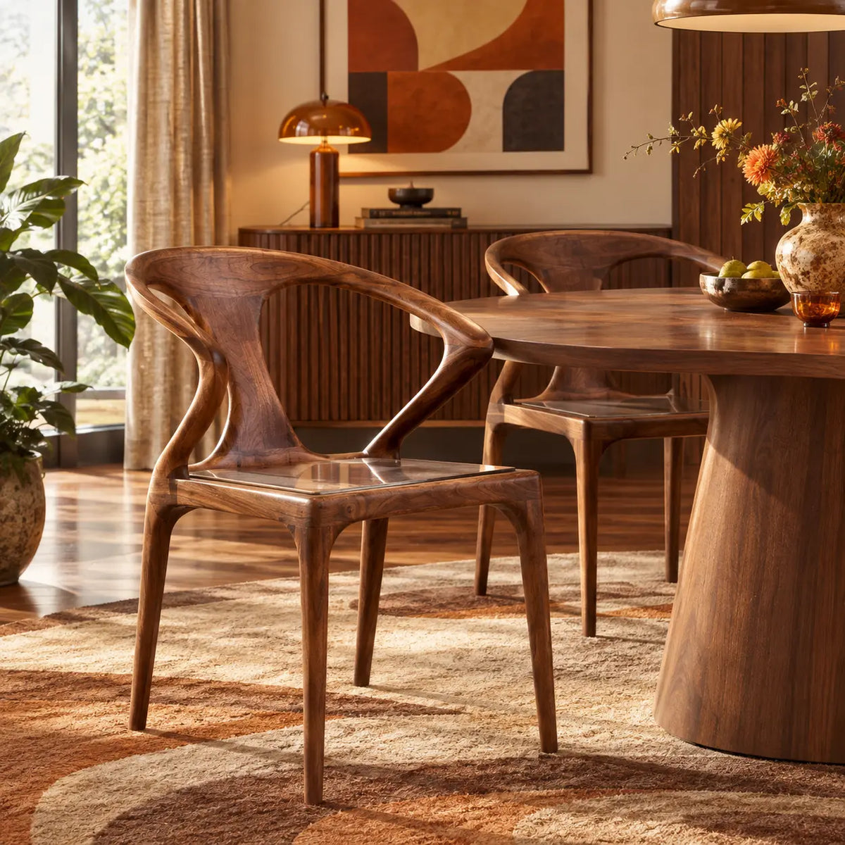 Chic Sculptural Open Low Back Wood Dining Chair Walnut Image - 1