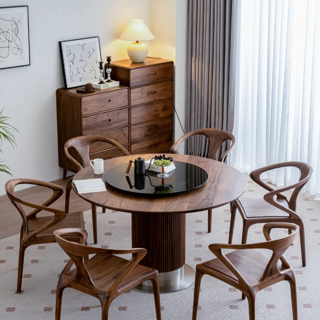 Chic Sculptural Open Low Back Wood Dining Chair Walnut Image - 4