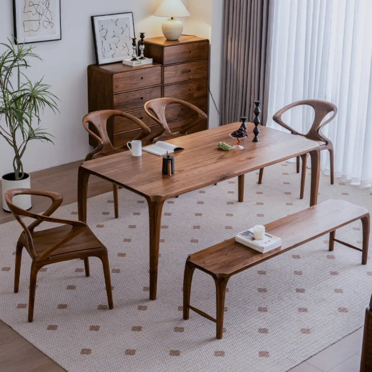 Chic Sculptural Open Low Back Wood Dining Chair Walnut Image - 4
