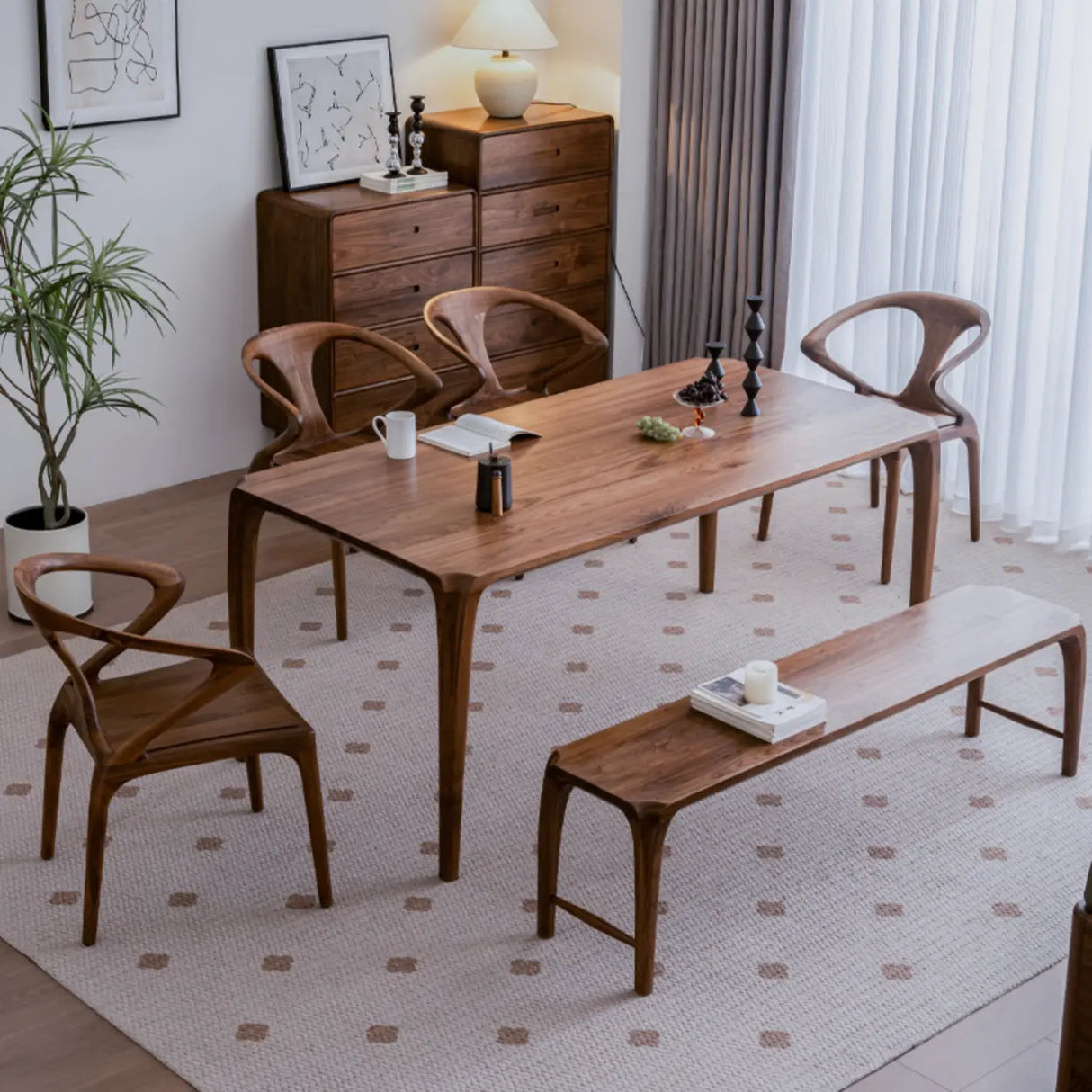 Chic Sculptural Open Low Back Wood Dining Chair Walnut Image - 6