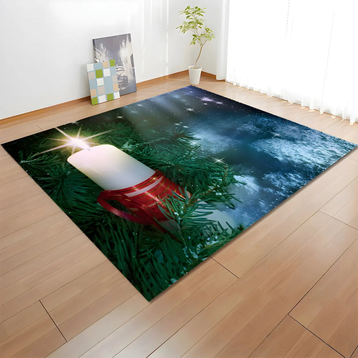 Christmas Candle Printed Polyester Rectangle Area Rug Image - 3