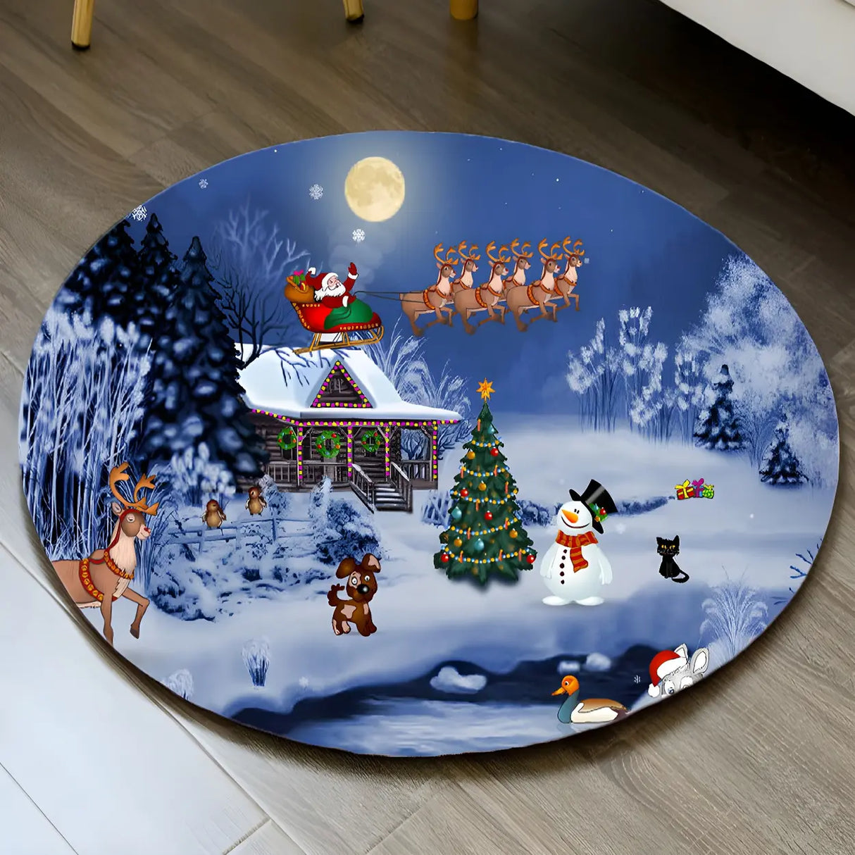 Christmas Round Polyester Santa Red Anti-Slip Area Rug Image - 1