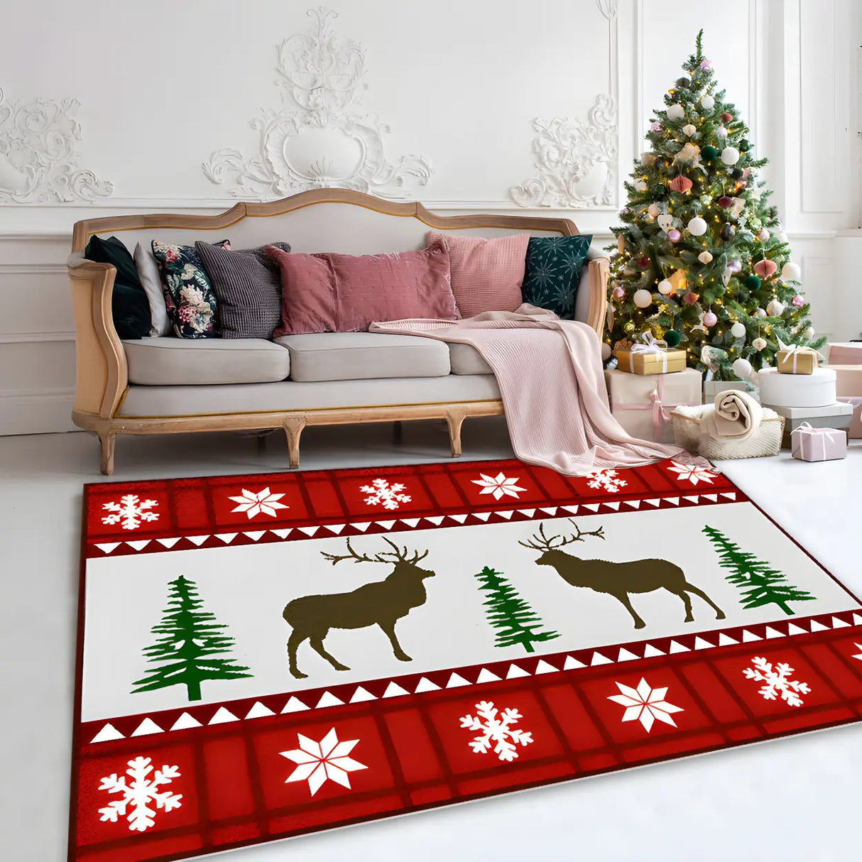 Christmas Santa Print Polyester Red Anti-Slip Area Rug Image - 1
