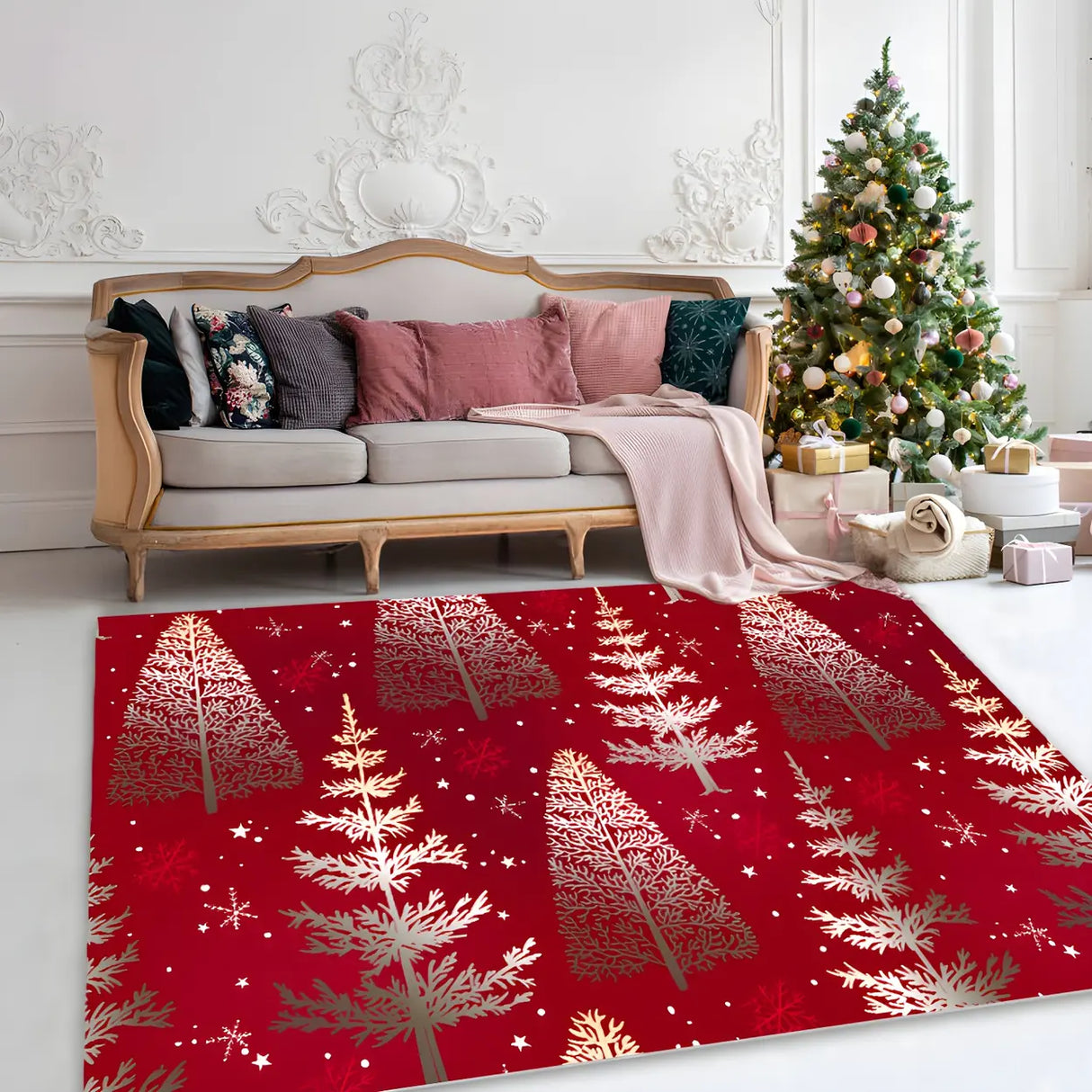 Christmas Santa Print Polyester Red Anti-Slip Area Rug Image - 4