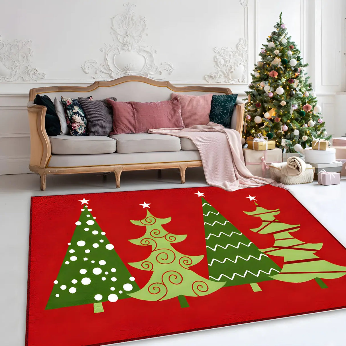 Christmas Santa Print Polyester Red Anti-Slip Area Rug Image - 2