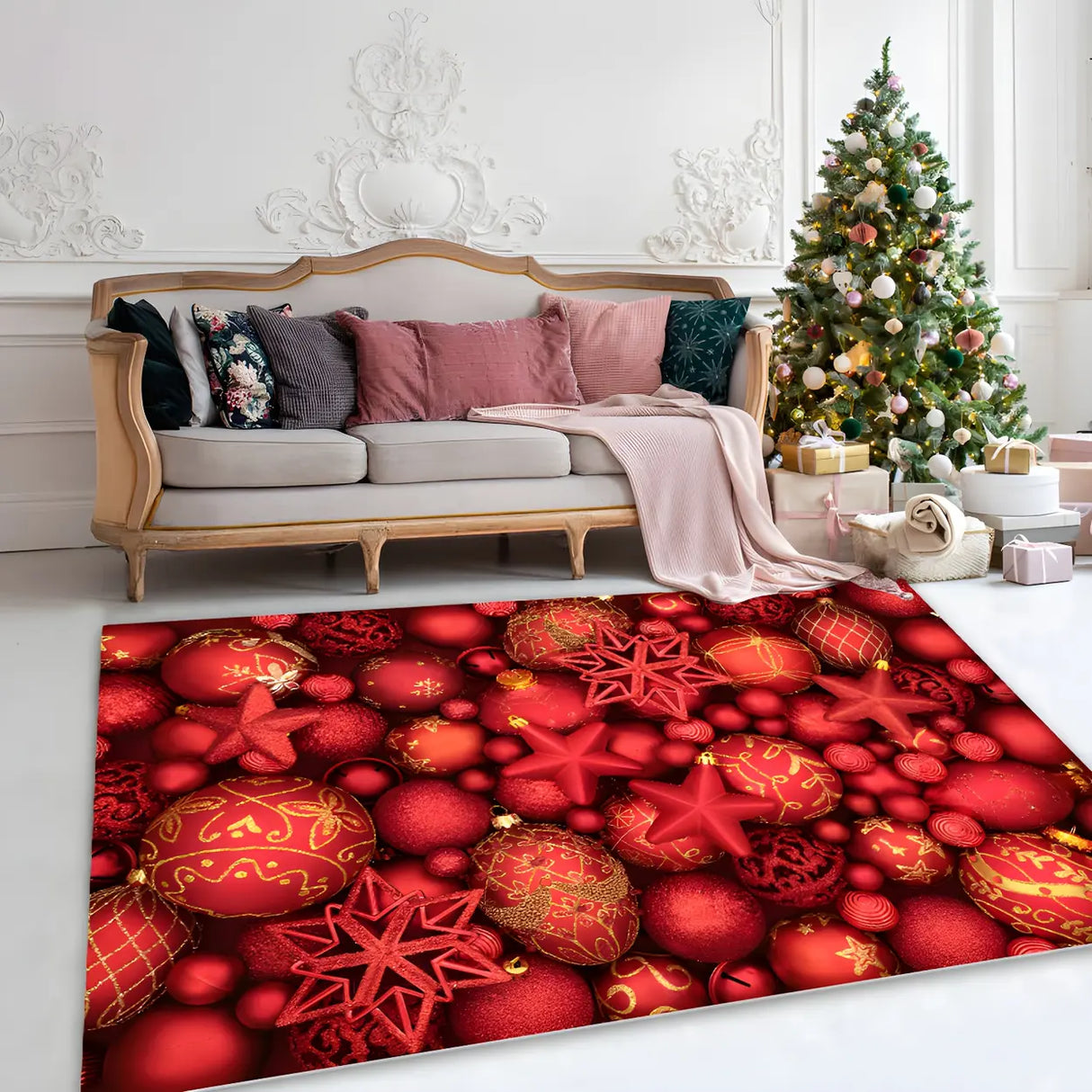 Christmas Santa Print Polyester Red Anti-Slip Area Rug Image - 5