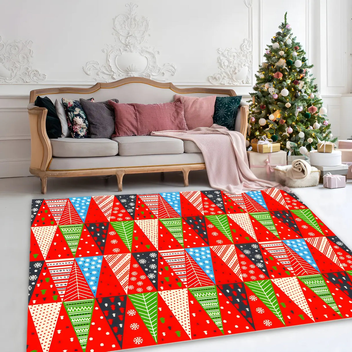 Christmas Santa Print Polyester Red Anti-Slip Area Rug Image - 7