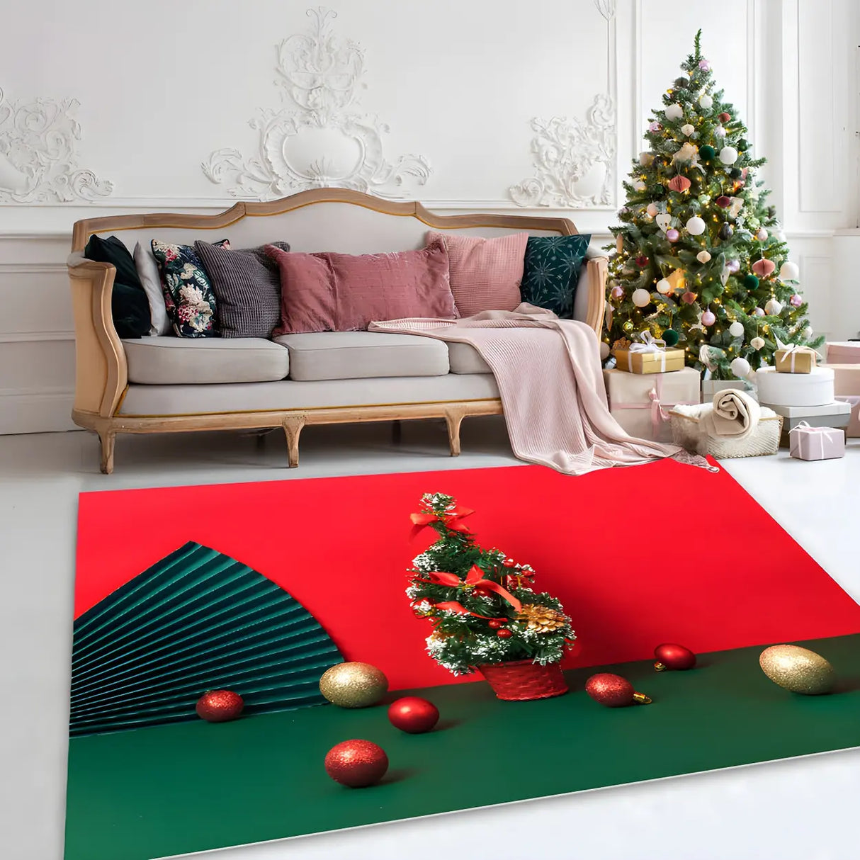 Christmas Santa Print Polyester Red Anti-Slip Area Rug Image - 8