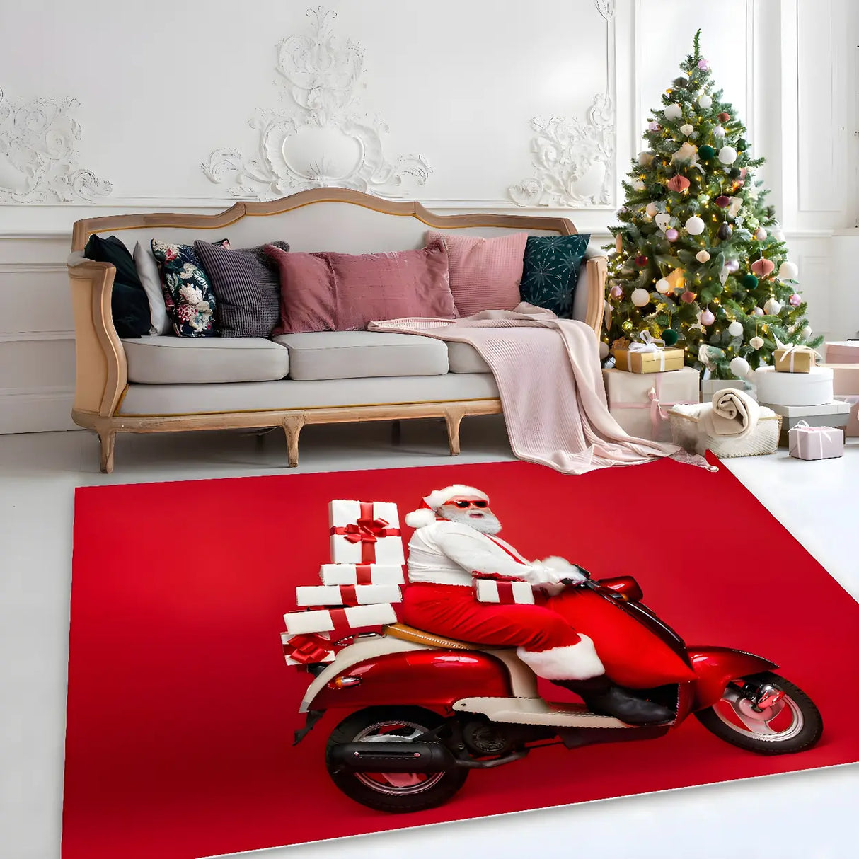 Christmas Santa Print Polyester Red Anti-Slip Area Rug Image - 9