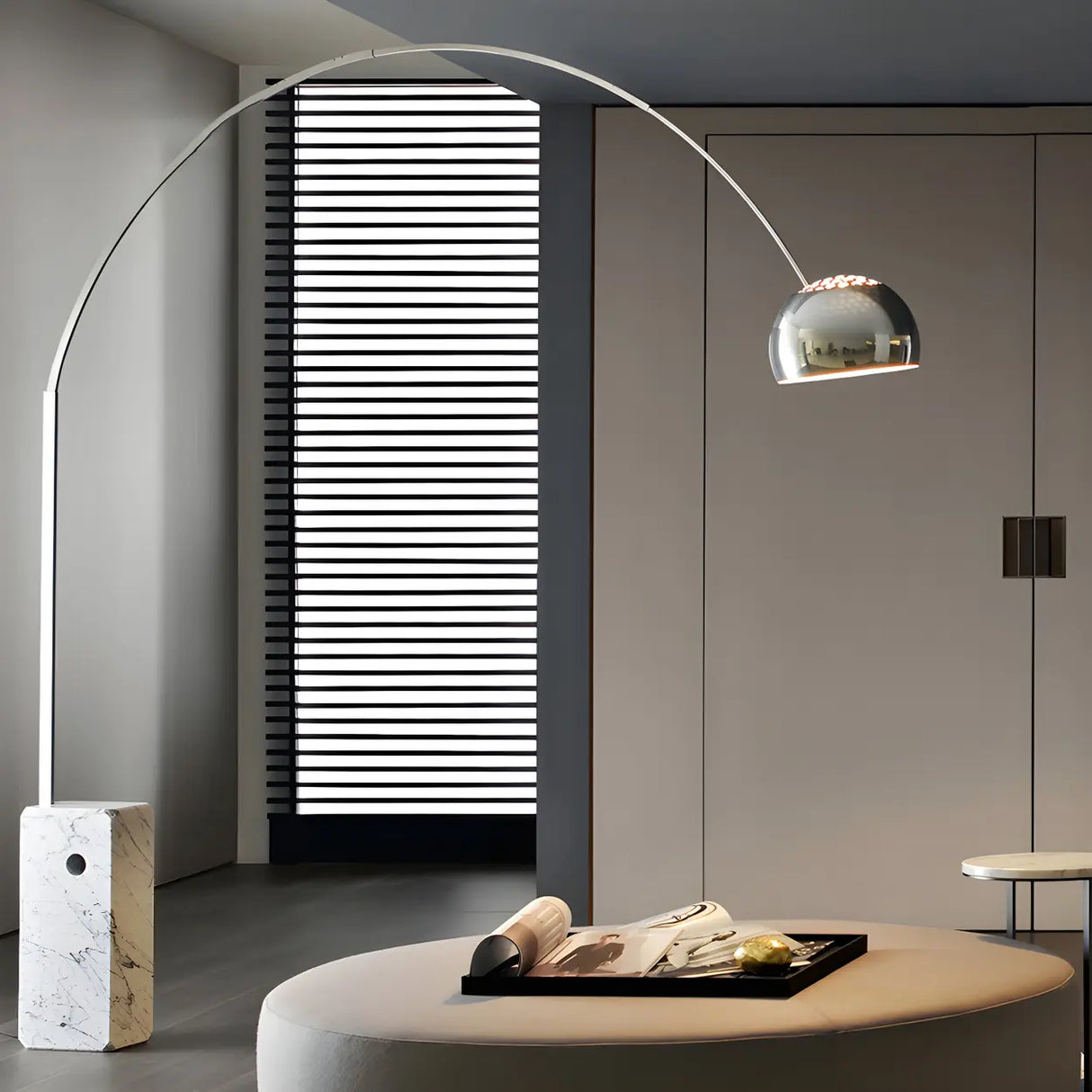 Chrome Dome Modern Arc Floor Lamp with Marble Base Image - 1