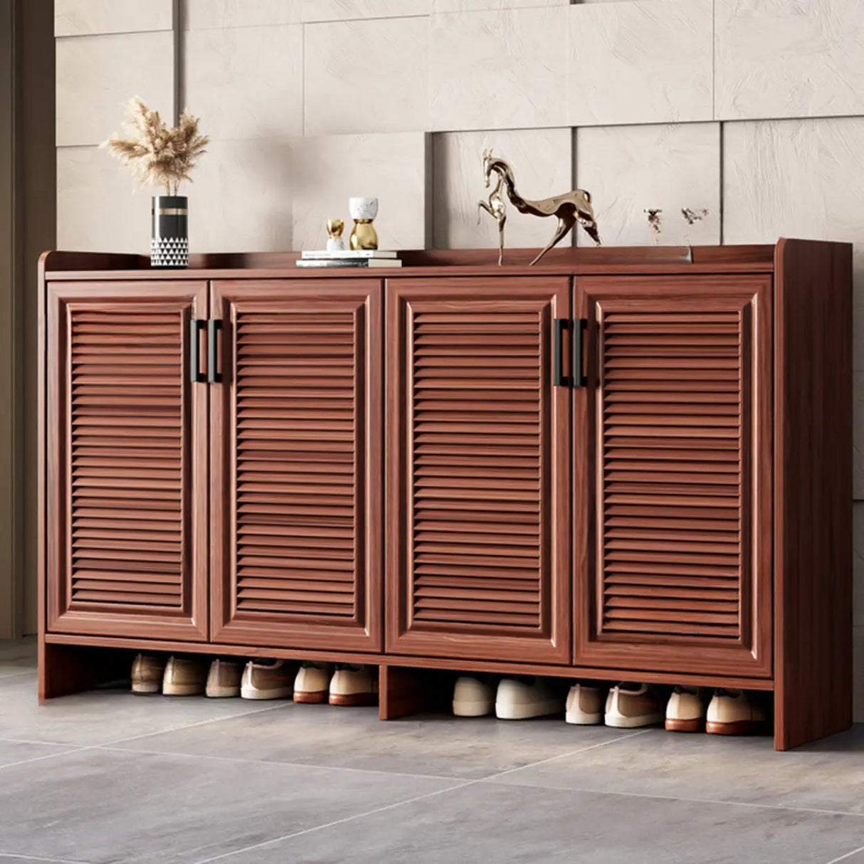 Claasic Wooden Shoe Storage Cabinet Hallway Brown 3 Doors Image - 3
