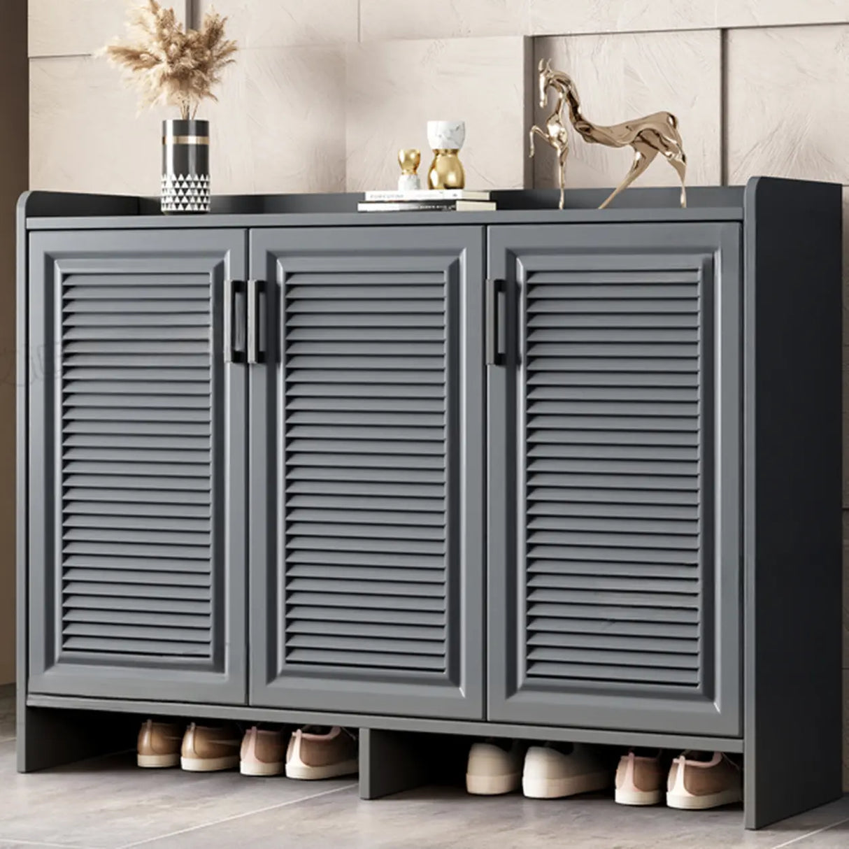 Claasic Wooden Shoe Storage Cabinet Hallway Brown 3 Doors Image - 4