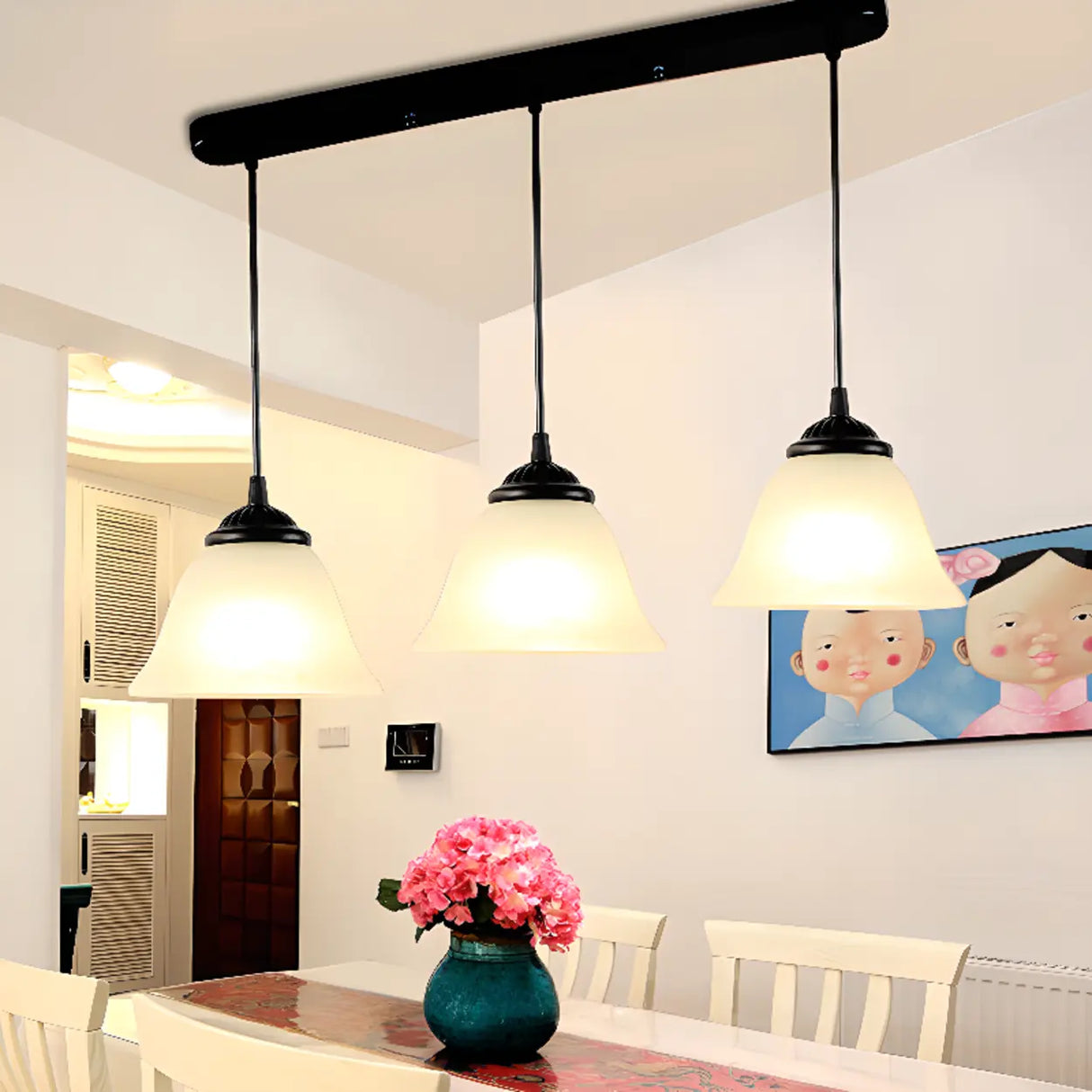 Classic 3-Light Bell Glass Island Pendant Light Image - 2