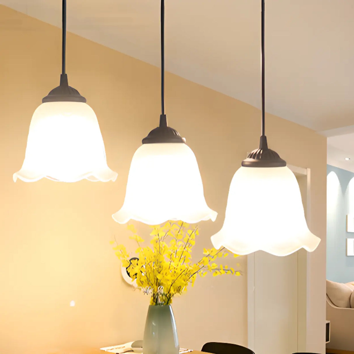 Classic 3-Light Bell Glass Island Pendant Light Image - 3