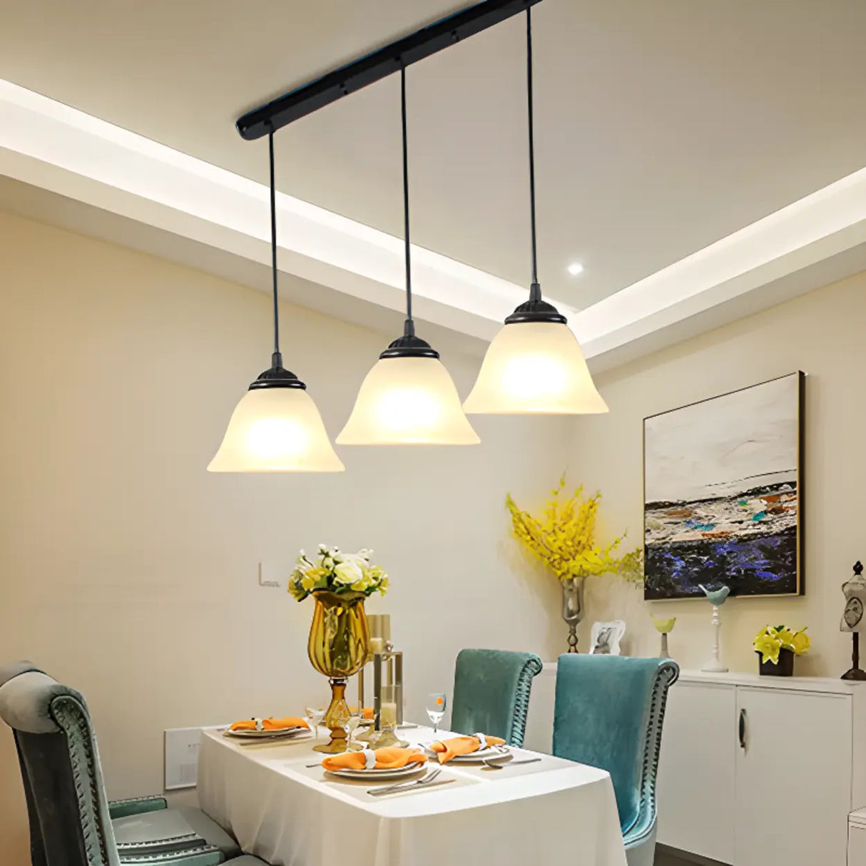 Classic 3-Light Bell Glass Island Pendant Light Image - 4