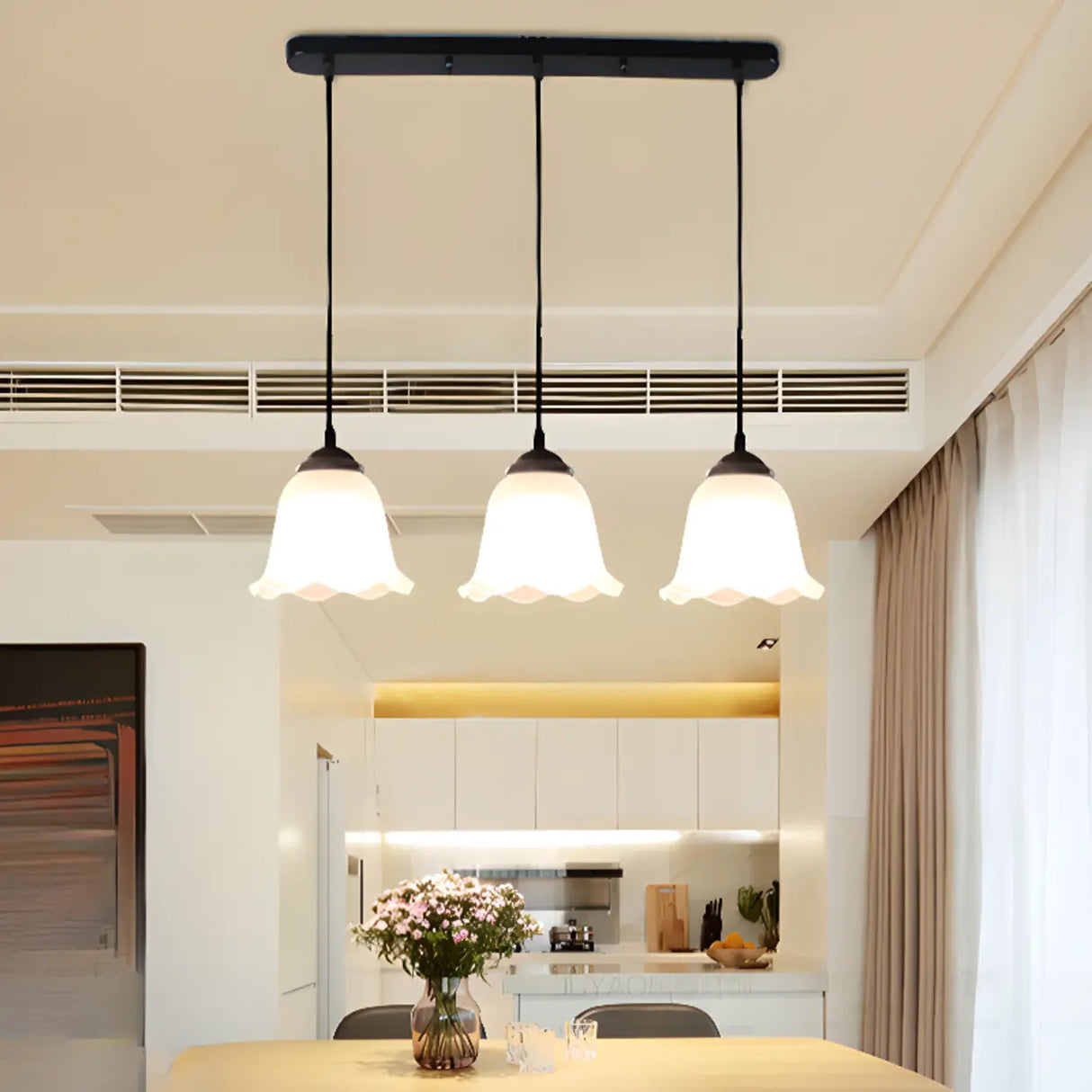 Classic 3-Light Bell Glass Island Pendant Light Image - 5