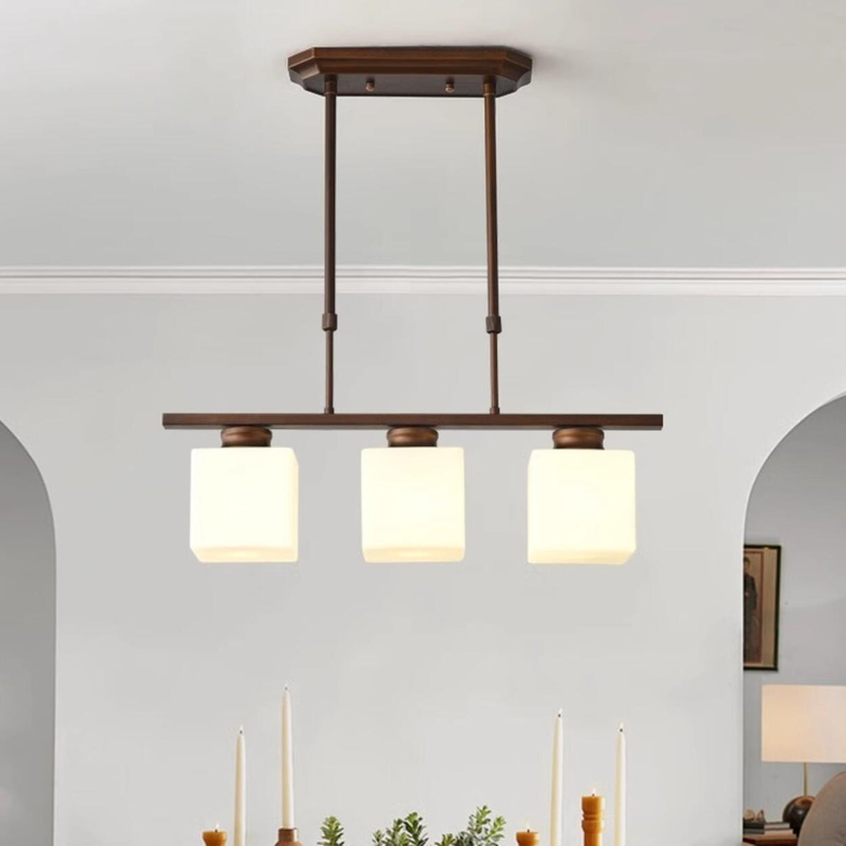 Classic 3-Light Brown Square Island Ceiling Light Image - 1