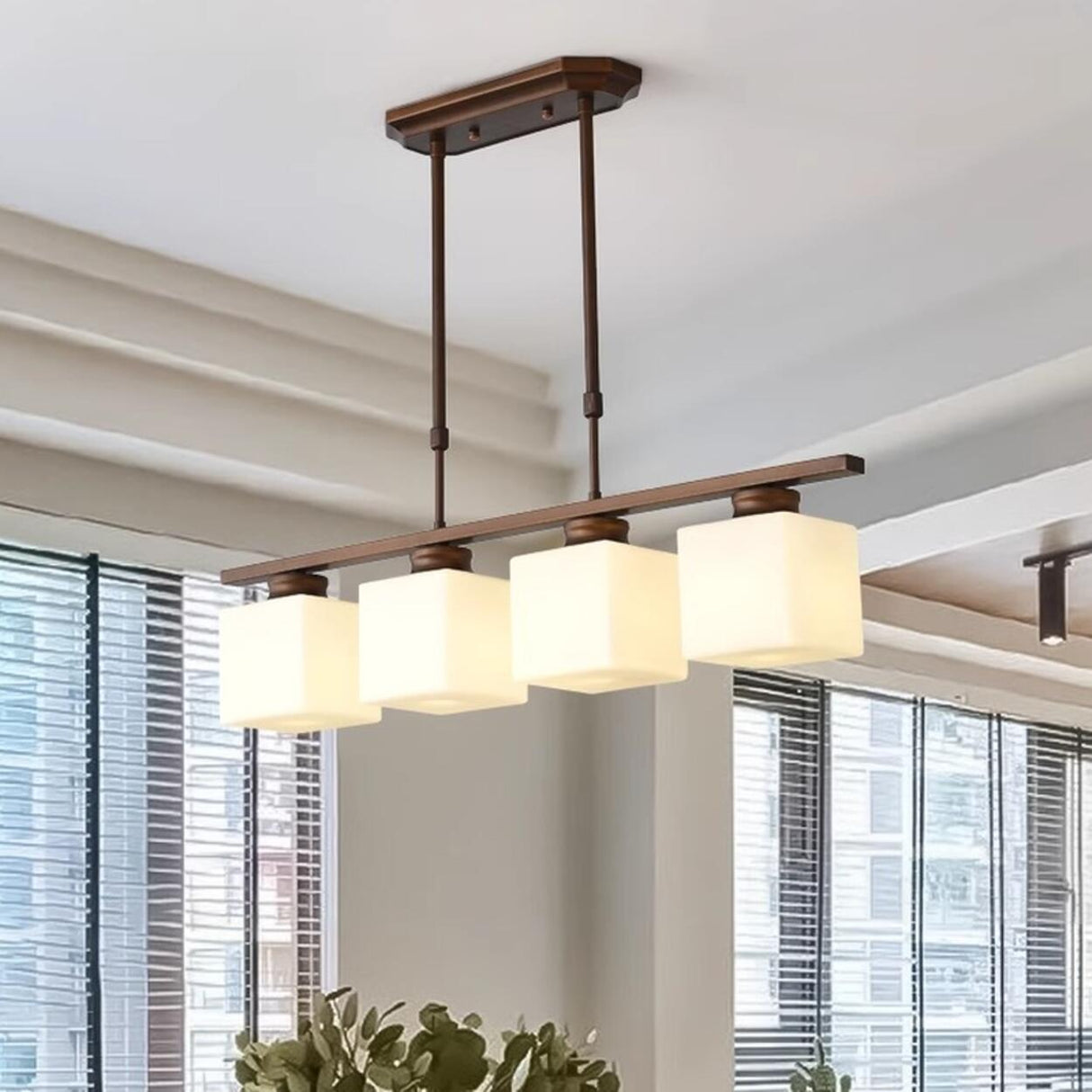 Classic 3-Light Brown Square Island Ceiling Light Image - 6