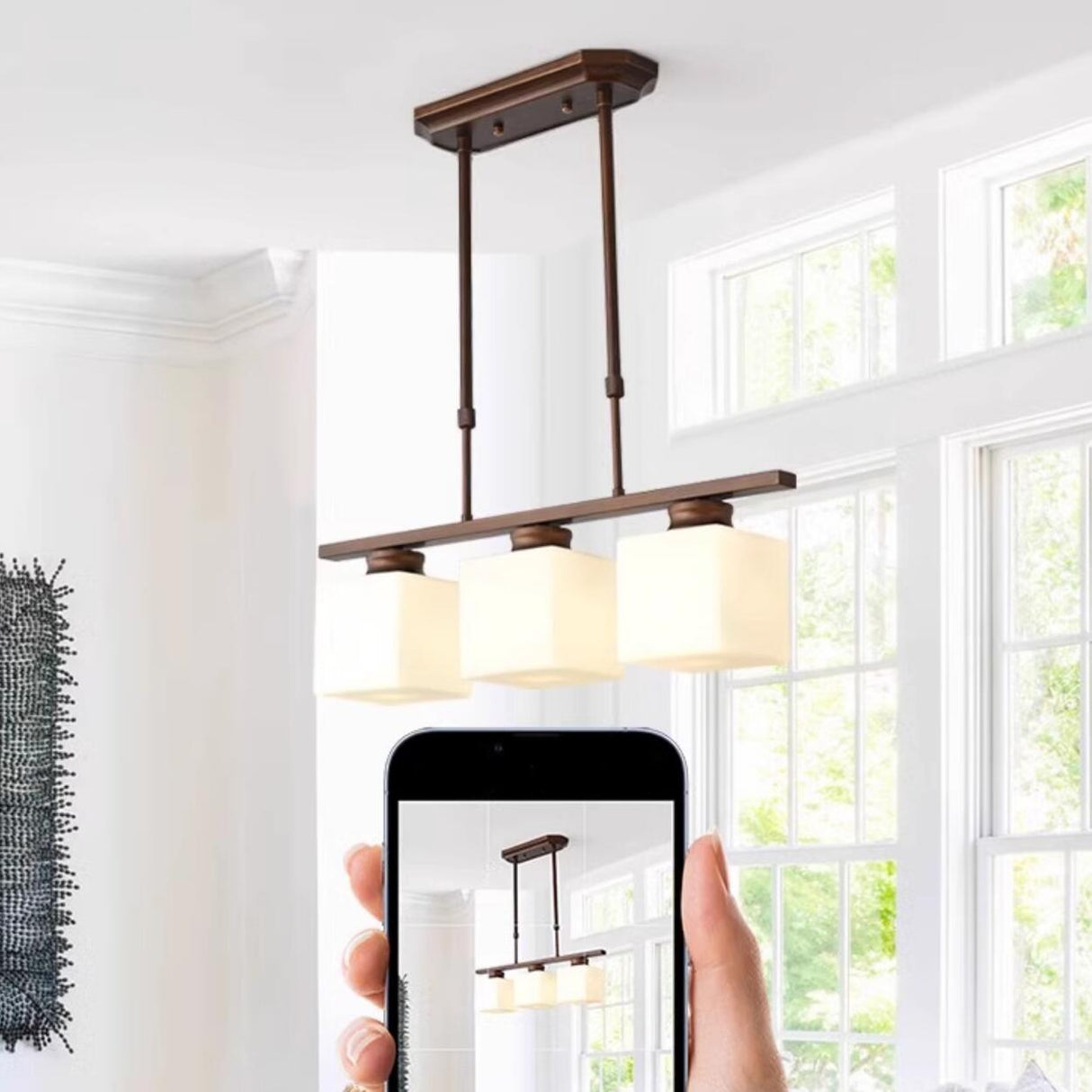 Classic 3-Light Brown Square Island Ceiling Light Image - 7