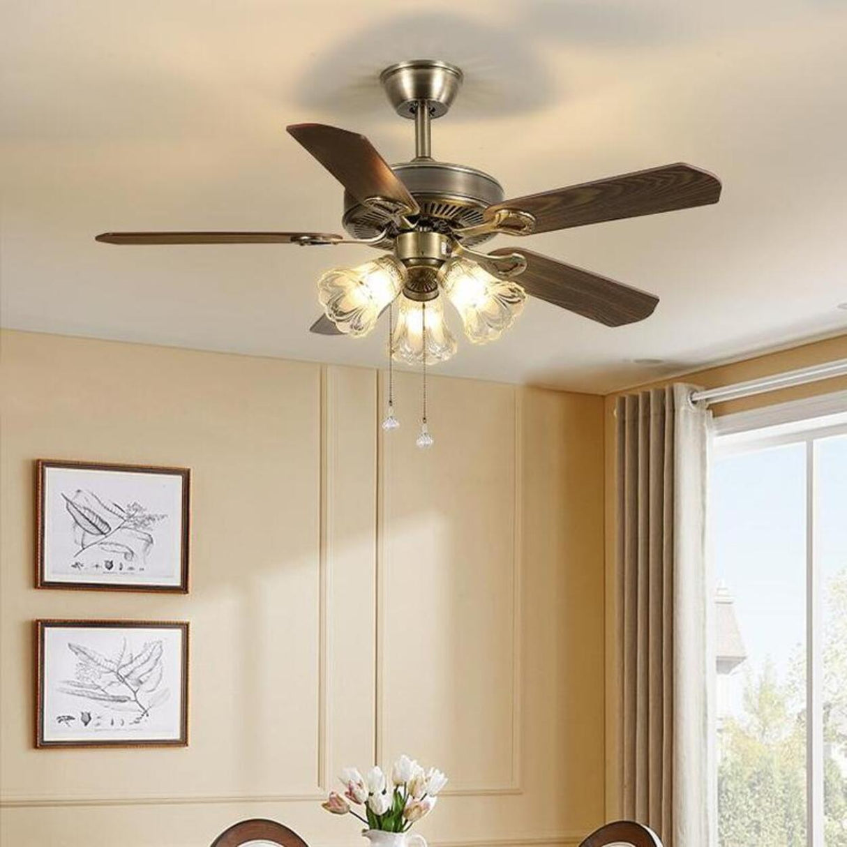 Classic 5 Blades Bronze Flower Ceiling Fan with Lights Image - 1