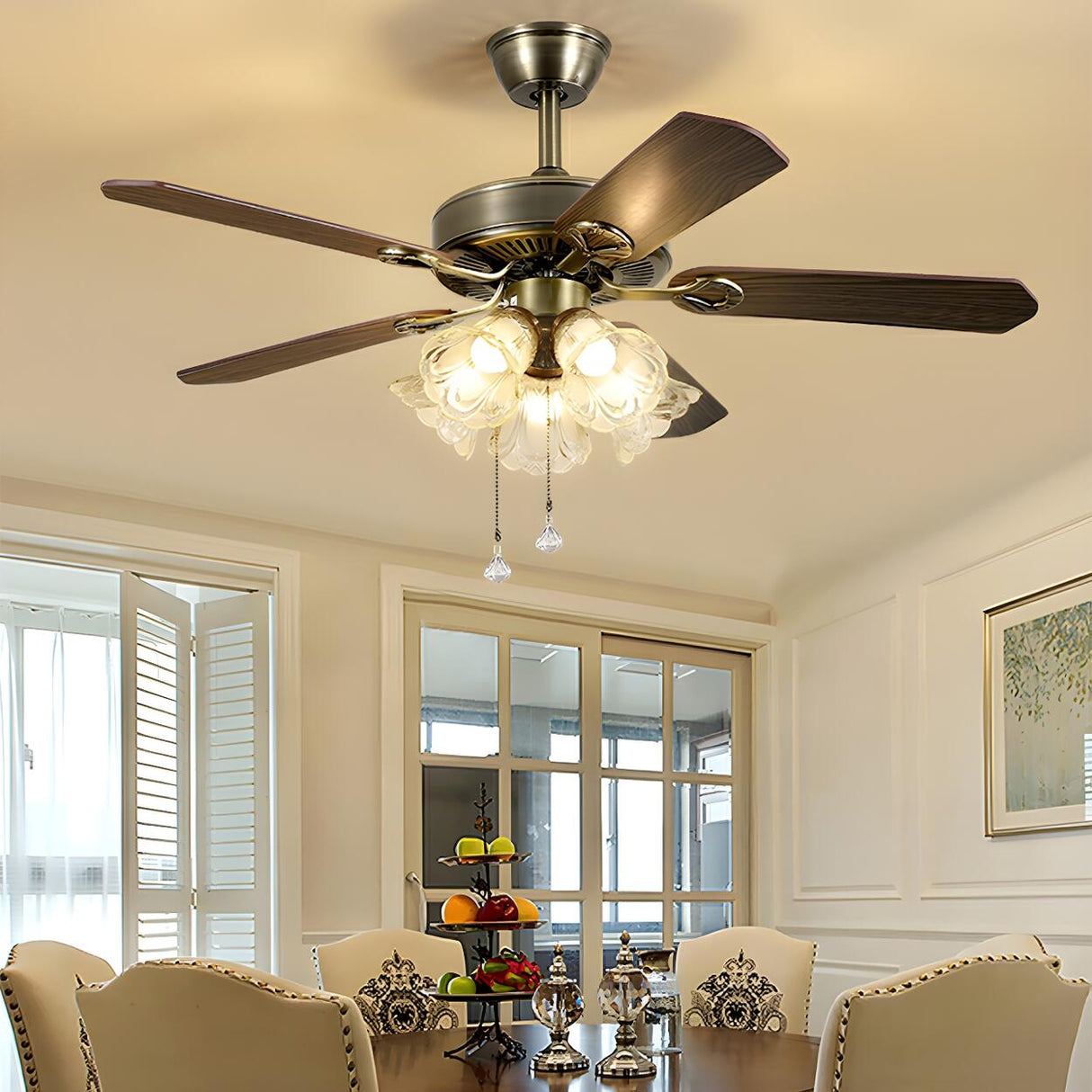 Classic 5 Blades Bronze Flower Ceiling Fan with Lights Image - 10
