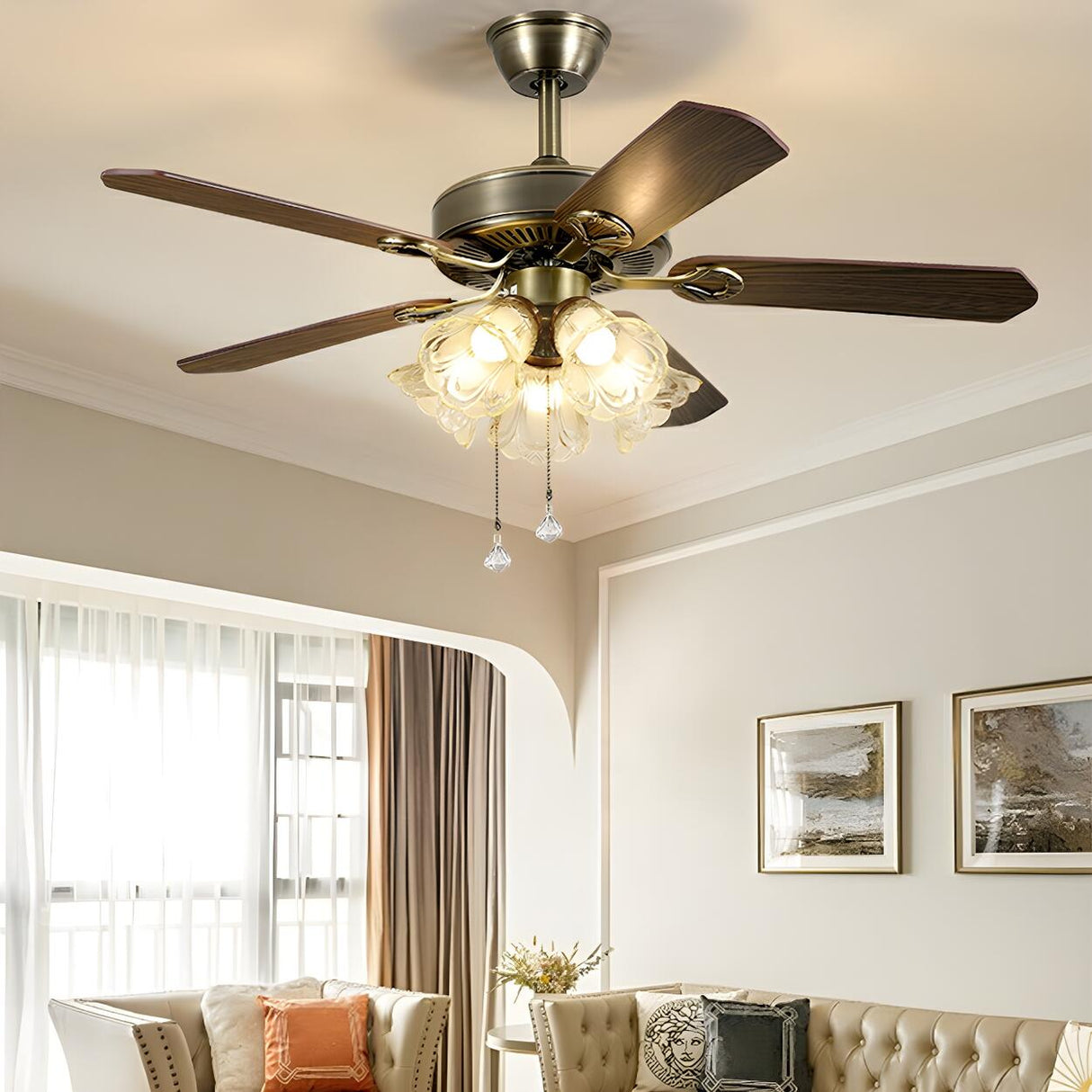Classic 5 Blades Bronze Flower Ceiling Fan with Lights Image - 4