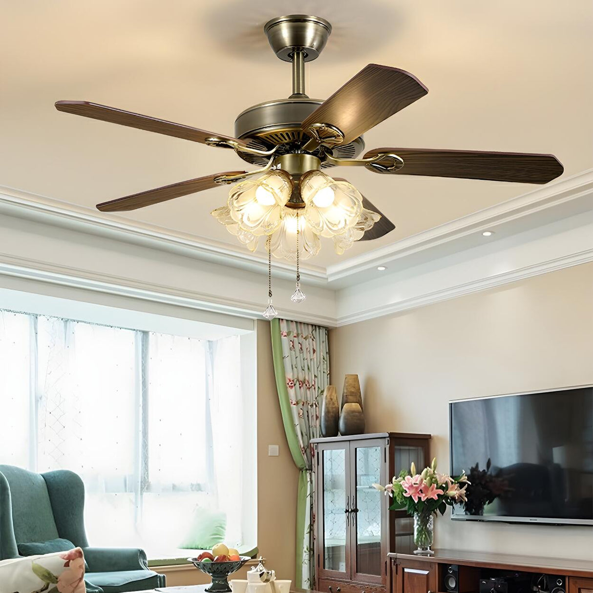Classic 5 Blades Bronze Flower Ceiling Fan with Lights Image - 6
