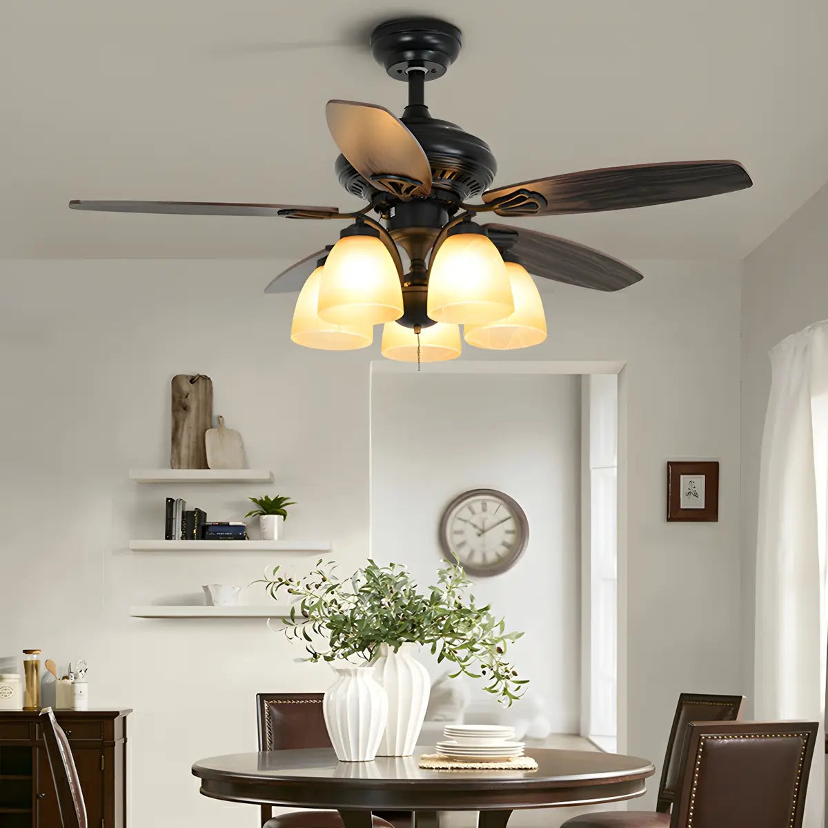 Classic Black 5 Wood Blades Chandelier Fan with Light Image - 1