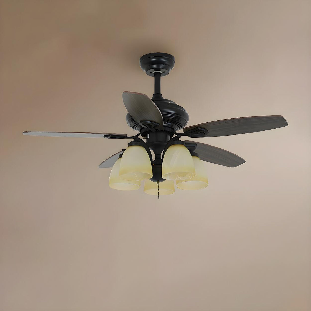 Classic Black 5 Wood Blades Chandelier Fan with Light Image - 10