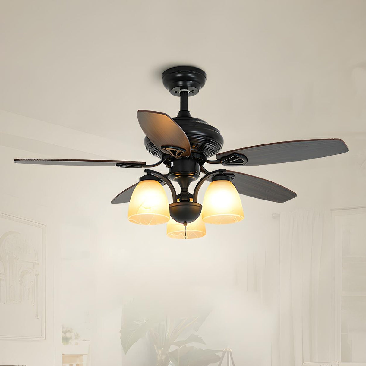 Classic Black 5 Wood Blades Chandelier Fan with Light Image - 2