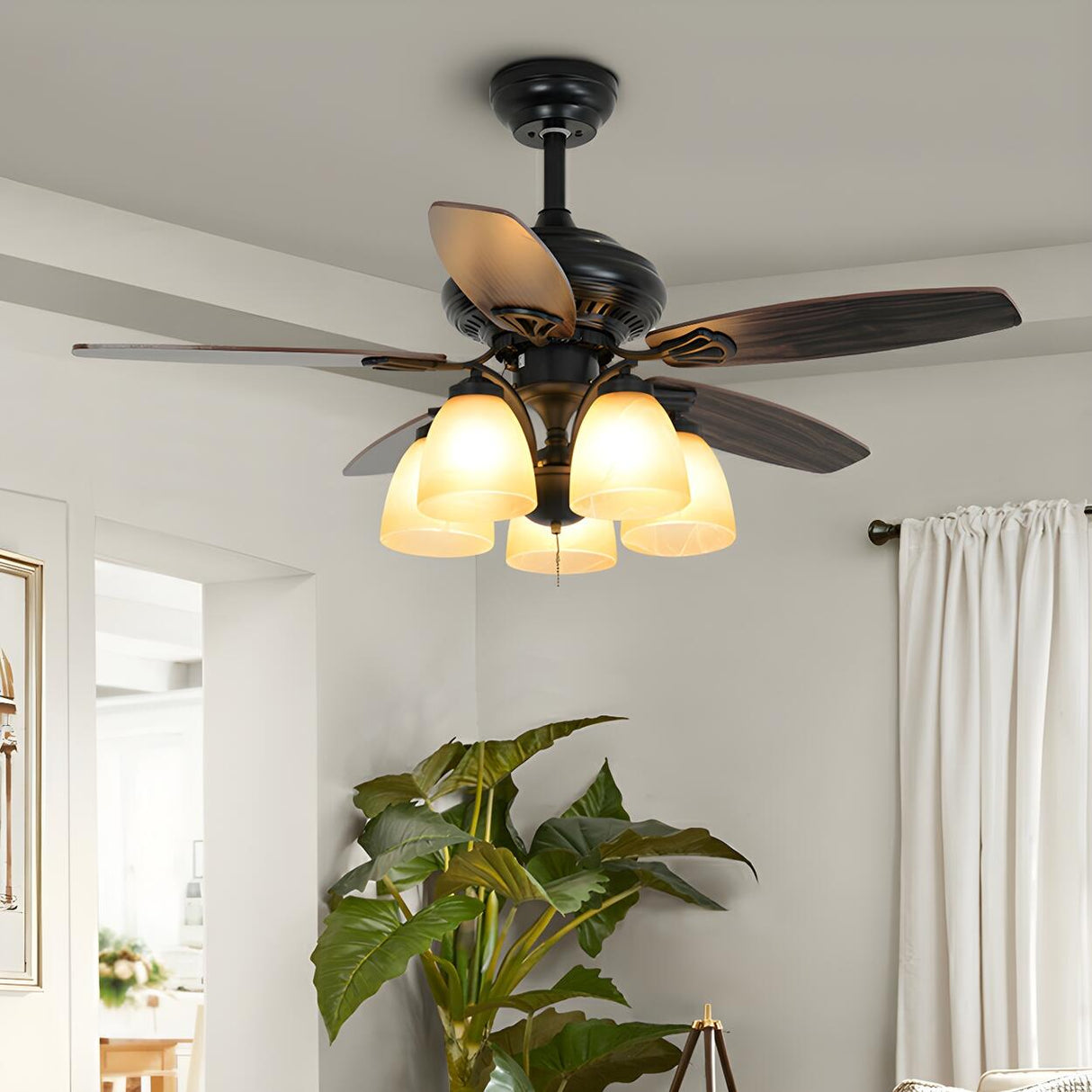 Classic Black 5 Wood Blades Chandelier Fan with Light Image - 3