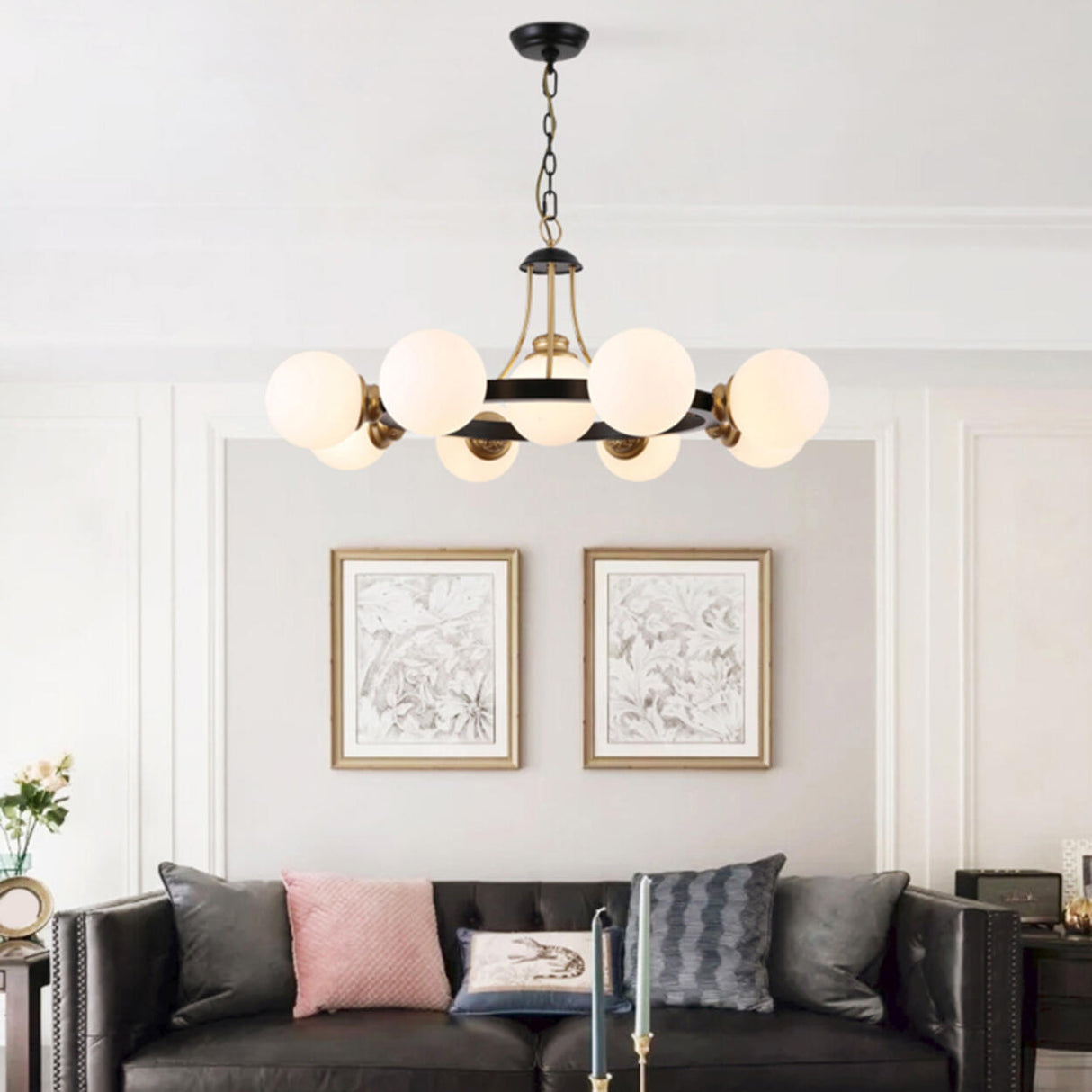 Classic Black & Gold Metal Round Globe Glass Chandelier Image - 1