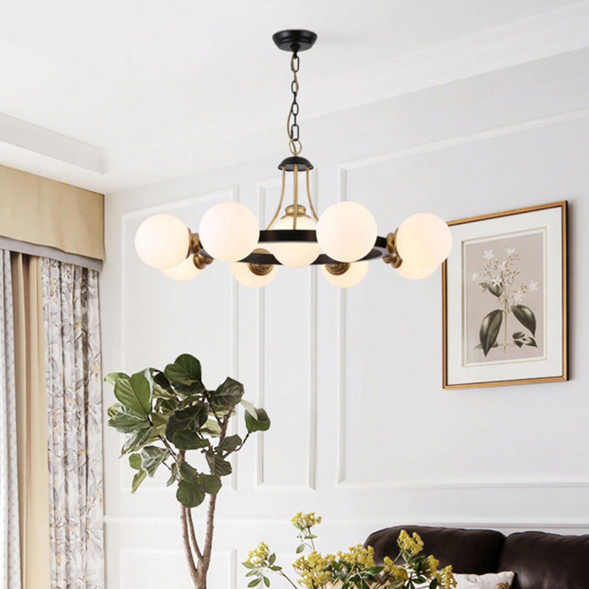 Classic Black & Gold Metal Round Globe Glass Chandelier Image - 4