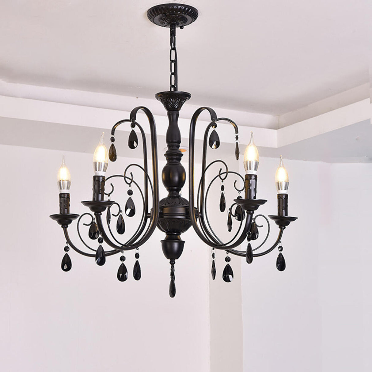 Classic Black Candelabra Chandelier Crystal Droplets Image - 7