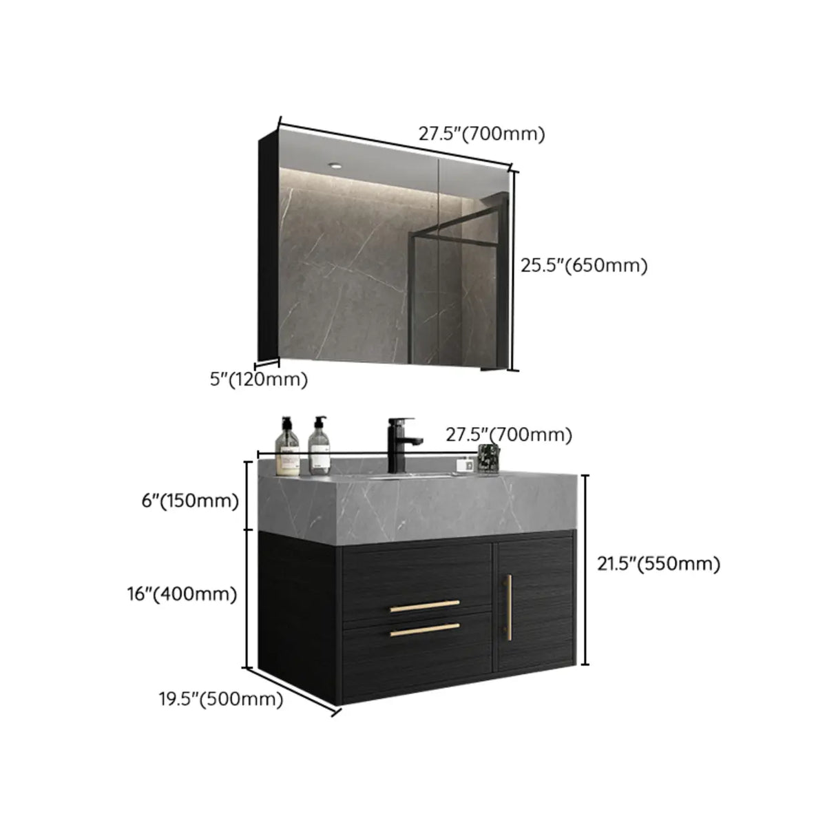 Classic Black Ceramic Single-Sink Wall Mount Bathroom Vanity Image - 23