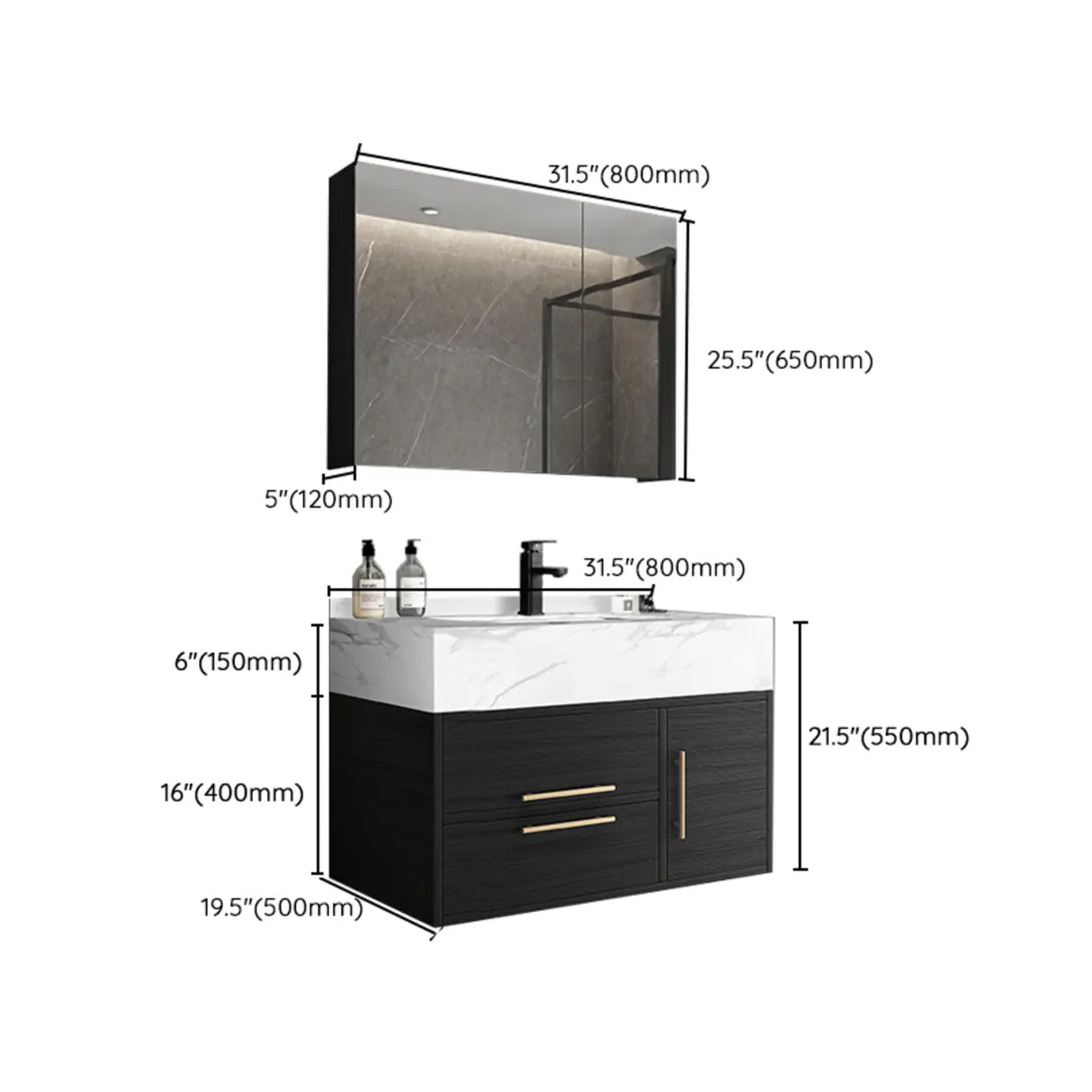Classic Black Ceramic Single-Sink Wall Mount Bathroom Vanity Image - 24