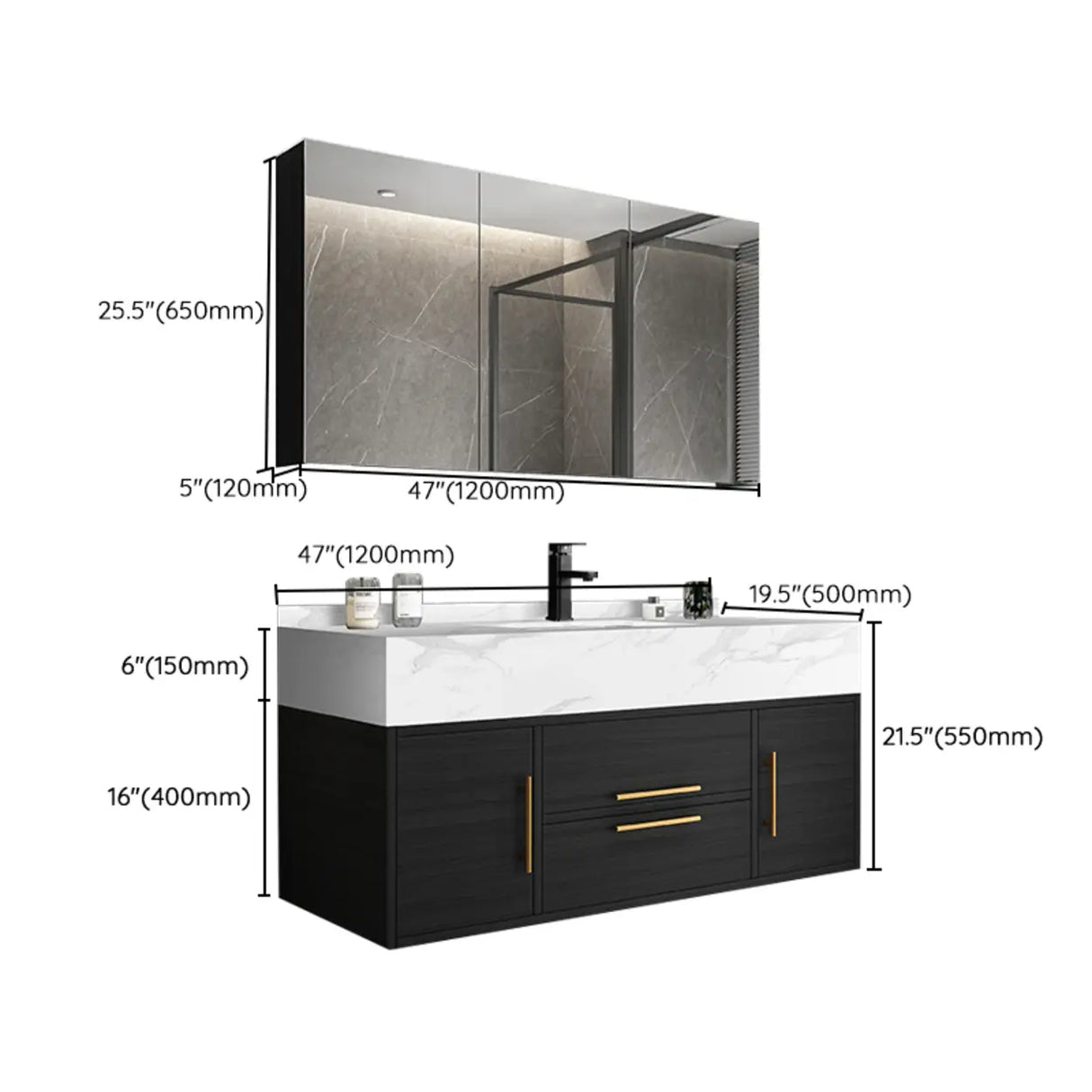 Classic Black Ceramic Single-Sink Wall Mount Bathroom Vanity Image - 30