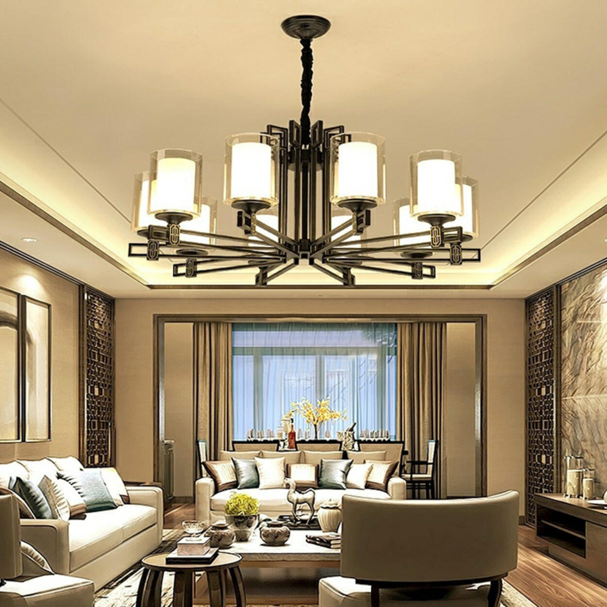 Classic Black Iron Cylinder Chandelier Adjustable Height Image - 1