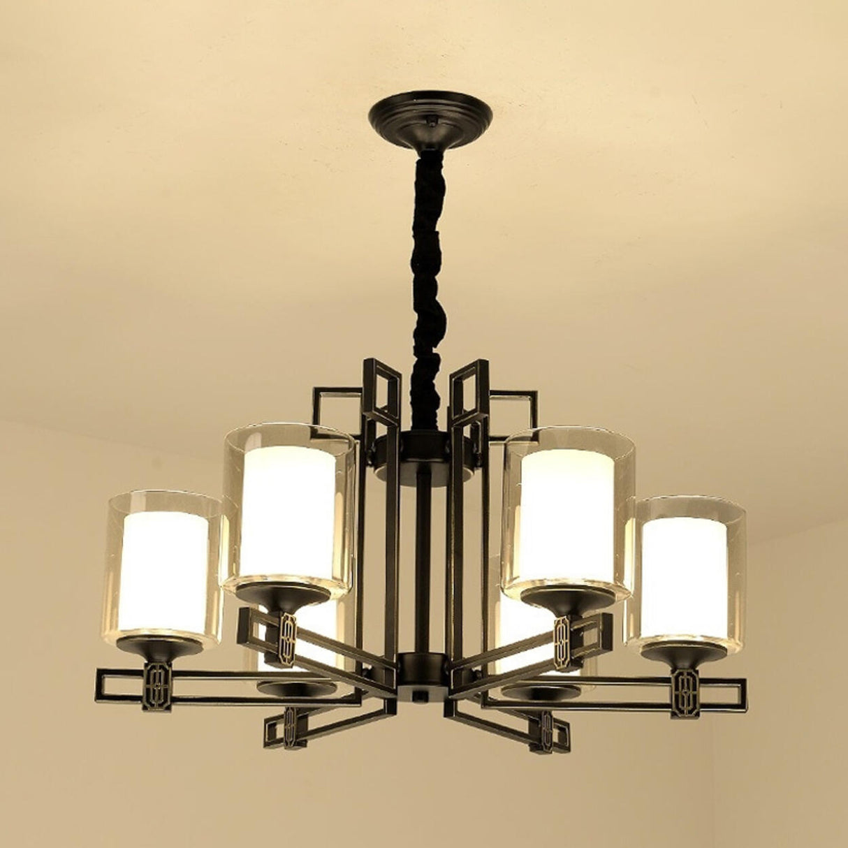 Classic Black Iron Cylinder Chandelier Adjustable Height Image - 15