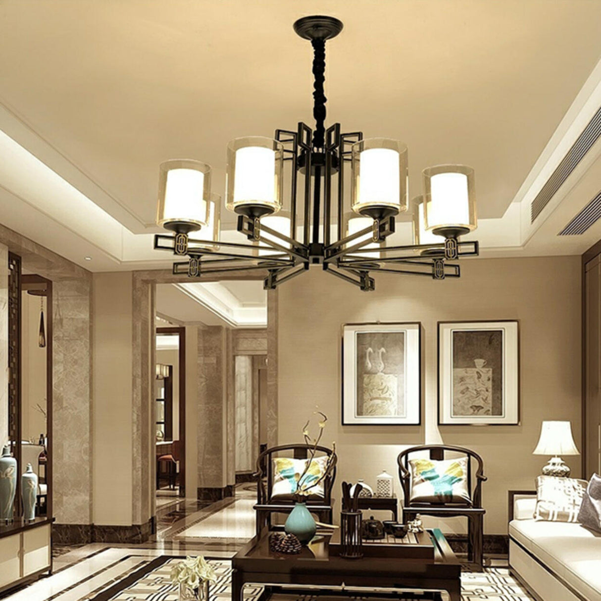 Classic Black Iron Cylinder Chandelier Adjustable Height Image - 18