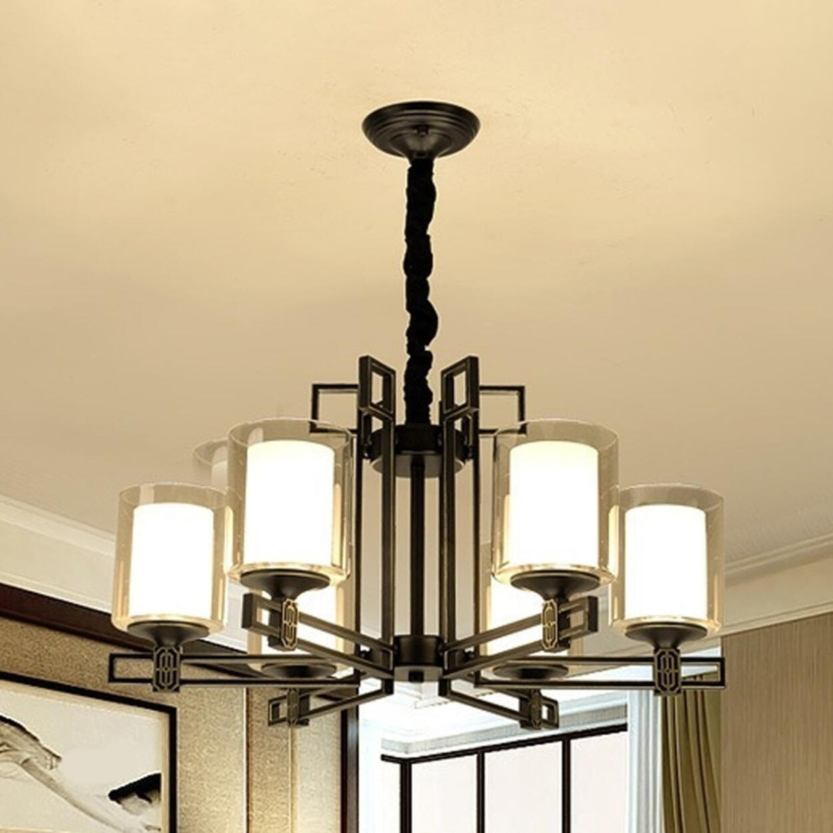 Classic Black Iron Cylinder Chandelier Adjustable Height Image - 2
