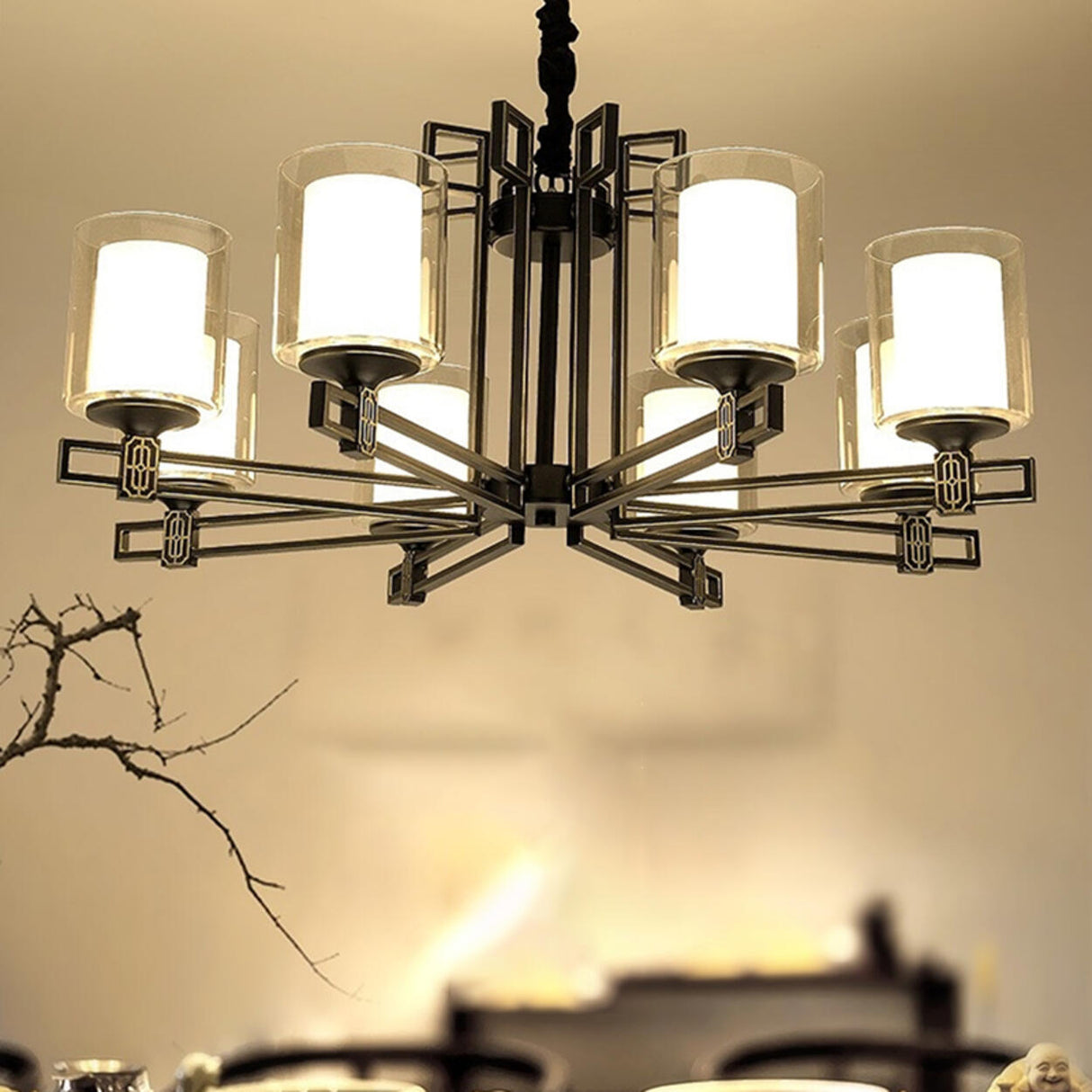 Classic Black Iron Cylinder Chandelier Adjustable Height Image - 3