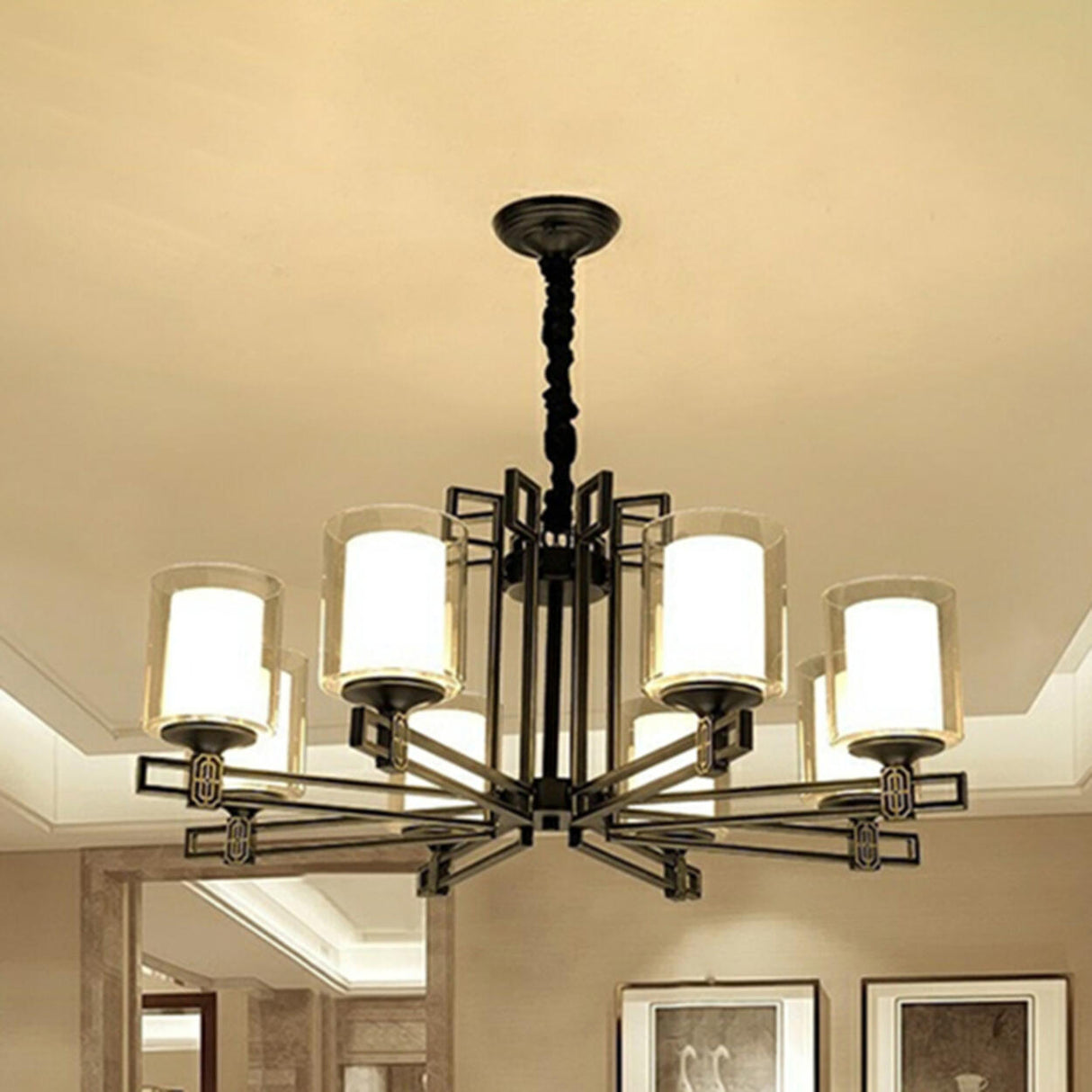 Classic Black Iron Cylinder Chandelier Adjustable Height Image - 4