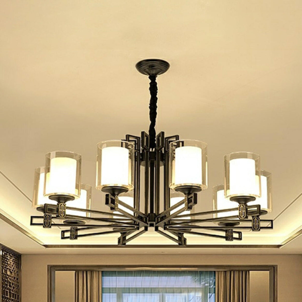 Classic Black Iron Cylinder Chandelier Adjustable Height Image - 5