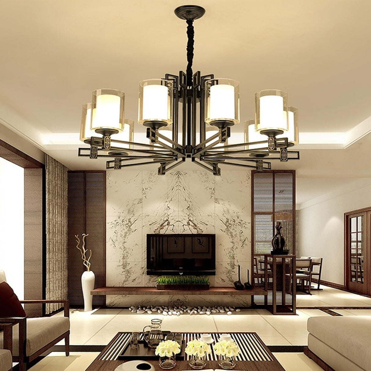 Classic Black Iron Cylinder Chandelier Adjustable Height Image - 6