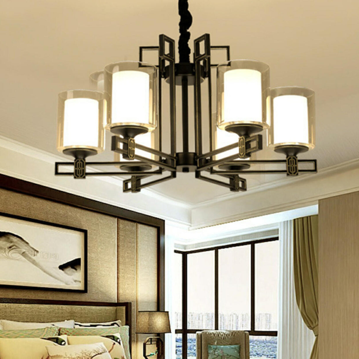 Classic Black Iron Cylinder Chandelier Adjustable Height Image - 7