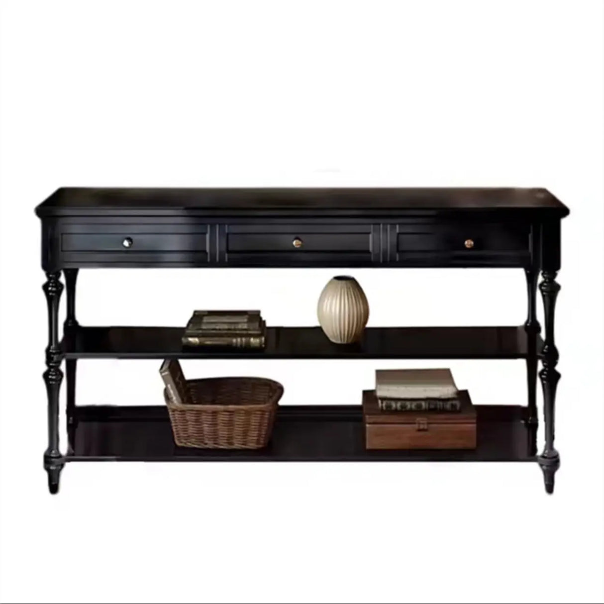 Classic Black Wood Storage Console Table with Drawer Image - 2