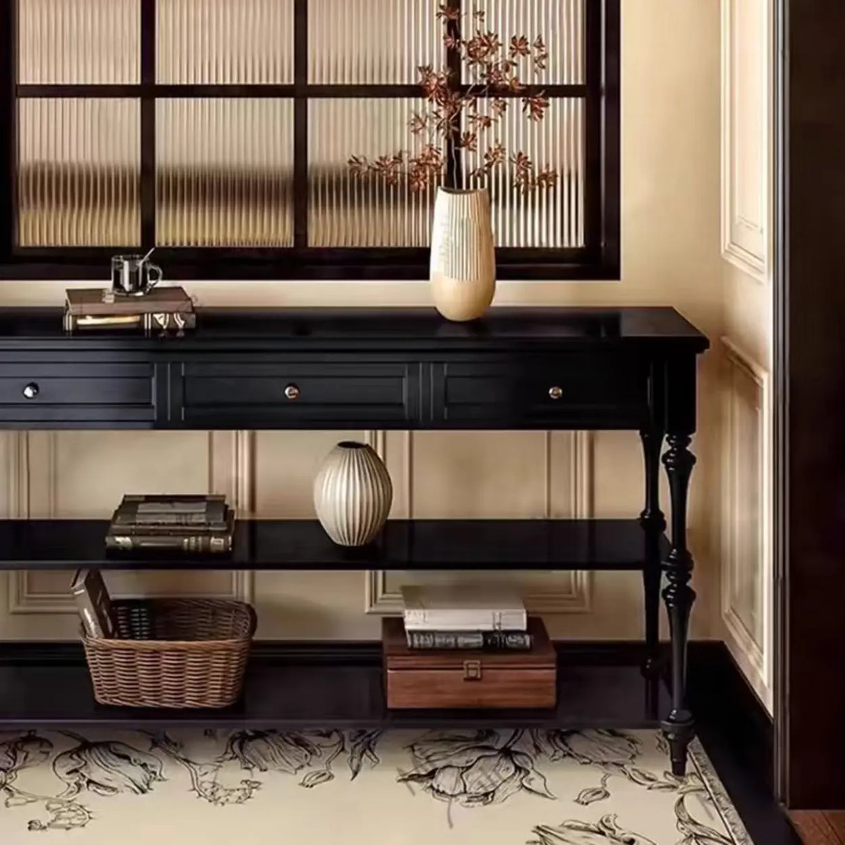 Classic Black Wood Storage Console Table with Drawer Image - 3