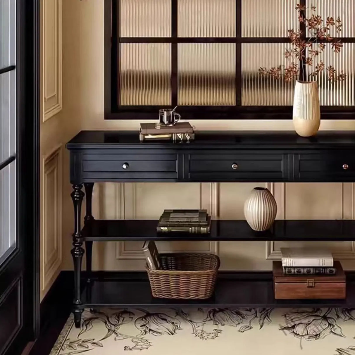 Classic Black Wood Storage Console Table with Drawer Image - 4