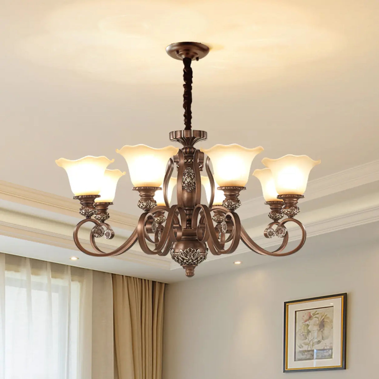 Classic Bronze Bell Matte White Glass Chandelier Image - 1